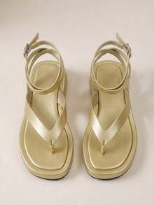 HighSole 春夏新款可調節腳踝綁帶女款厚底涼鞋，舒適購物音樂節度假旅行必備 - 淺金色 - 查看 4