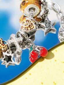 Popjeli Gelang Motif Leopard dan Cherry Charm 1, Gelang DIY Retro Cinta untuk Gadis Bintang - Perak - View 5