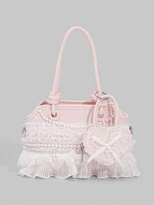 ROMWE Kawaii 1 Buah Tas Tangan Lucu Berenda dan Berkerut, Tas Selempang Gaya Preppy Y2K dengan Dekorasi Pita, Tas Modis untuk Pakaian Kembali ke Sekolah & Liburan - Berwarna merah muda - View 1