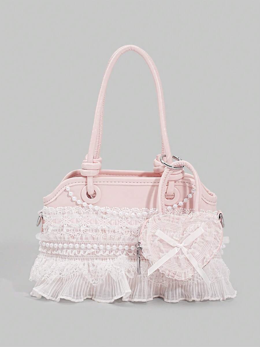ROMWE Kawaii 1 Buah Tas Tangan Lucu Berenda dan Berkerut, Tas Selempang Gaya Preppy Y2K dengan Dekorasi Pita, Tas Modis untuk Pakaian Kembali ke Sekolah & Liburan - Berwarna merah muda - View 1