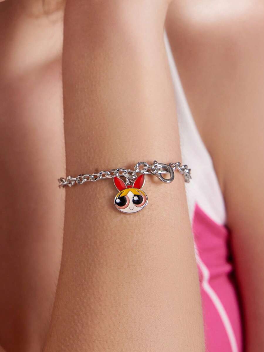 THE POWERPUFF GIRLS X SHEIN 銀合金甜美可愛愛心吊墜手鍊,適合日常配戴,情人節禮物,春夏海灘度假 - 彩色 - 查看 1