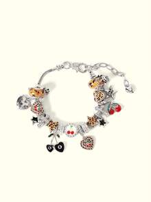 Popjeli Gelang Motif Leopard dan Cherry Charm 1, Gelang DIY Retro Cinta untuk Gadis Bintang - Perak - View 4