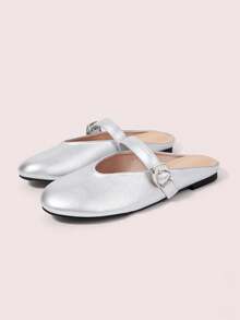 CUCCOO DOLLMOD Women's Silver Mary Jane Closed-Toe Mule Shoes, Round Toe Buckle Slip-On Flat Shoes, Commute Daily Casual Comfortable Women's Shoes - Silver - View 2