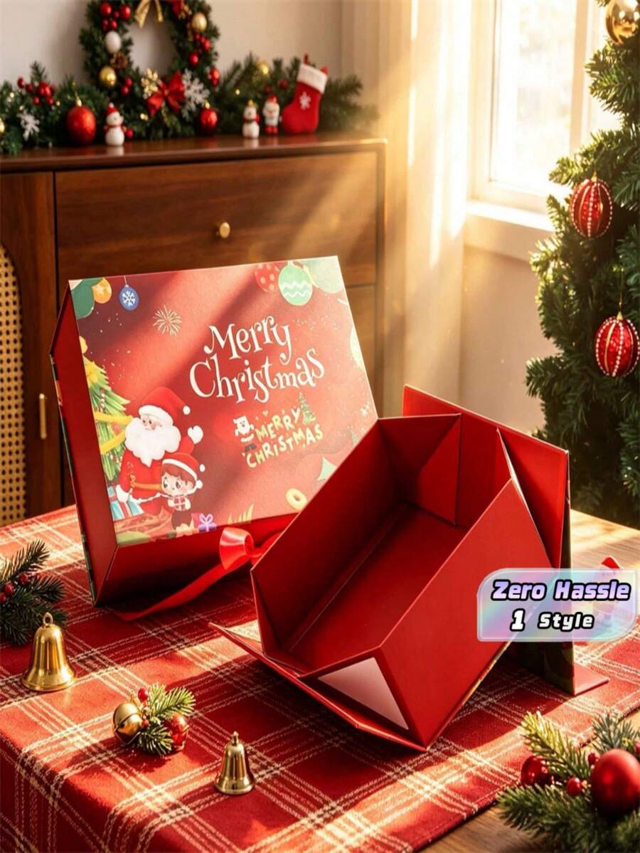 Christmas Magnetic One-Piece Foldable Gift Box, Festive Xmas Present Packaging Box, Color Printed Holiday Gift Wrapping Box - multicolor - View 1
