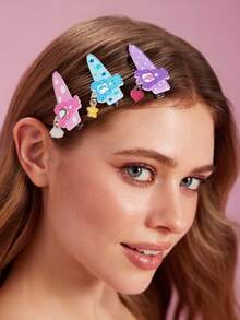 SHEIN X Care Bears 3pcs Cute Cartoon Pattern Clips, Gifts, Hair Barrettes - Multicolor - View 3