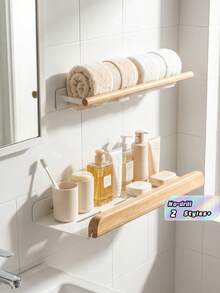Drill-Free Wooden And Metal Floating Wall Shelf, Multi-Functional No-Drill Wall-Mounted Storage Rack, Ideal For Bathroom, Study, Kitchen, Laundry Room Decor And Organization - White - View 2