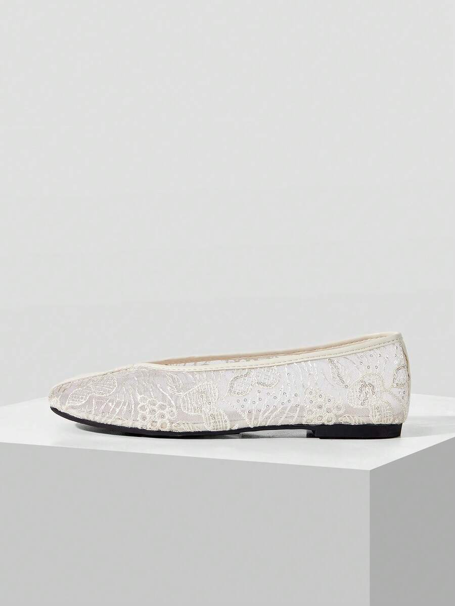 MOTF Nya beige mesh-blomsko med fyrkantig tå, bekväma, mjuka och enkla pendlar-ballerinaskor för kvinnor - Beige 1 - Visa 2