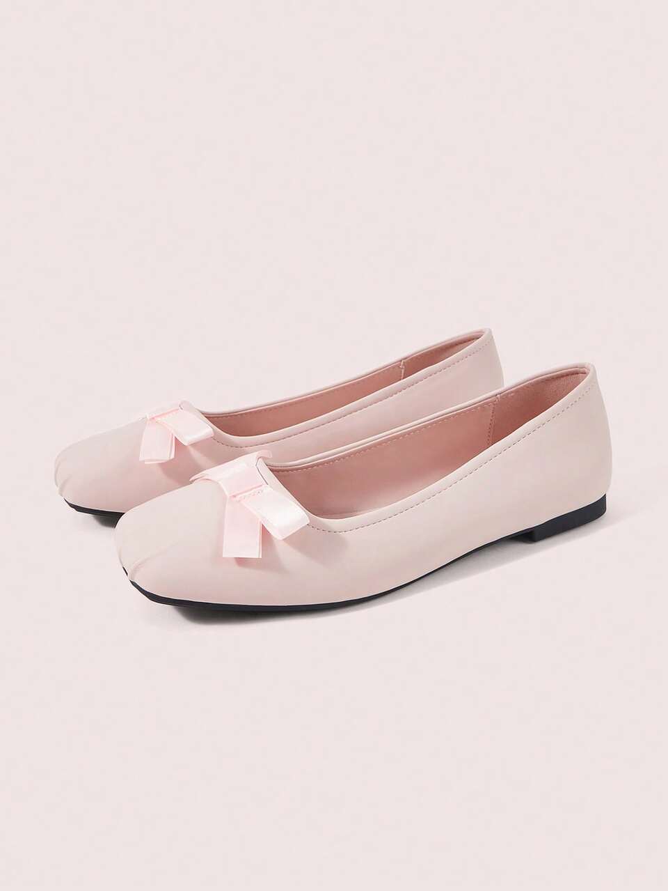 CUCCOO DOLLMOD Ladies' Pink Bow-Decorated Square Toe Head Ballet Flats, Soft PU Material Lace-Up Flats, Casual And Comfortable Ballet Shoes Suitable For Daily Work