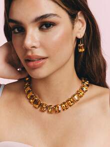 Popjeli 18k Gold-Plated Exaggerated Diamond-Set Square Yellow Light Luxury High-End Earrings - Yellow - View 4