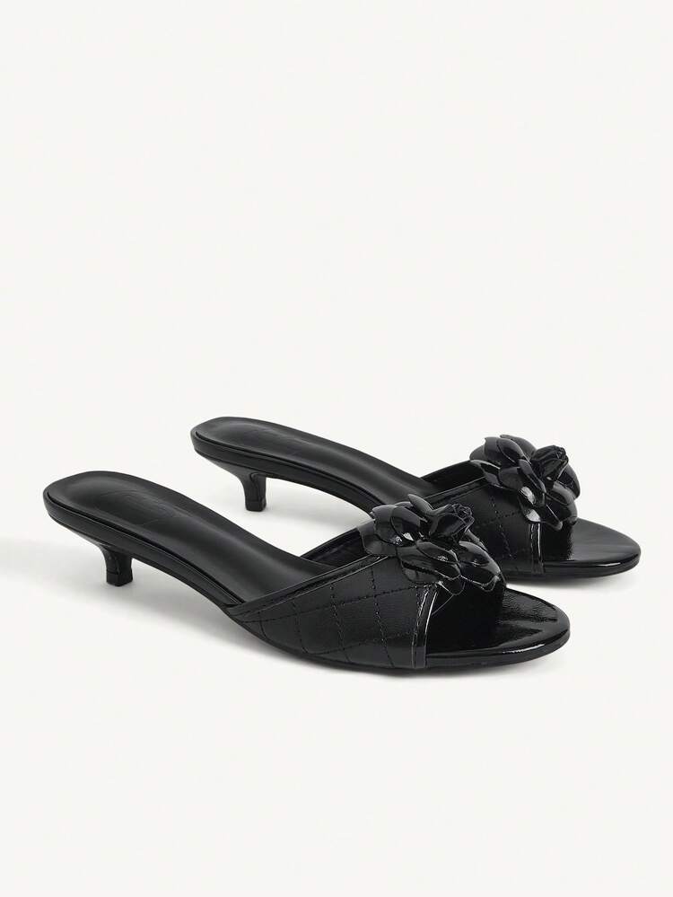 CUCCOO CHICEST Women Shoes Black Mirror Camellia Kitten Heel Round Toe Fashion Elegant Temperament Romantic French Mules Sandals Kitten Heels - Black mirror - View 1