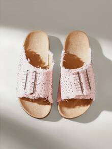 Solecia Ladies Summer Sandals, Open-Toed Flat-Bottomed Rhinestone Square Buckle Decorative Cork Bottom Casual Slippers Daily Beach Dual-Use - Pink - View 4