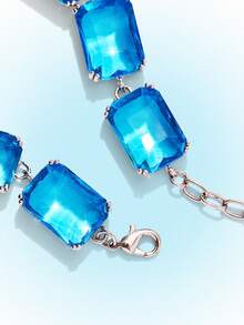 Popjeli Women's Tennis Chain Bracelet  Full  Crystal Stone Sparkling Bracelet For Daily Party Jewelry - Blue square imitation Swarovski crystal bracelet - View 9