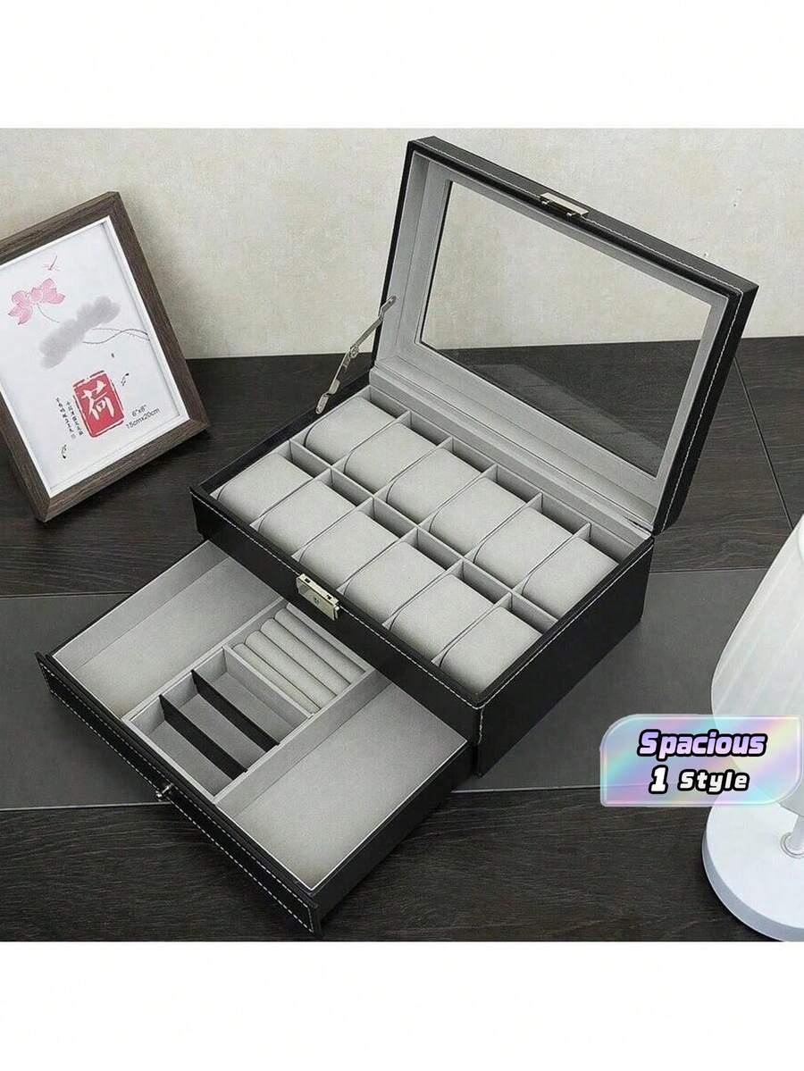 Kyphirel Watch Storage Box, 12 Slot Men'S Watch Organizer, Black Luxury Watch Storage Case With Drawer, Leather Watch Display Case, Watch Organizer For Multiple Watches, Jewelry Box For Bracelets - Multicolor - View 1