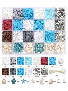 2600pcs Soft Clay Beading Kit, Vacation-Themed Jewelry Making Set With Turquoise Shells Starfish Natural Stones, DIY Summer Friendship Bracelets Supplies For Travel Craft Party - Multicolor - View 9