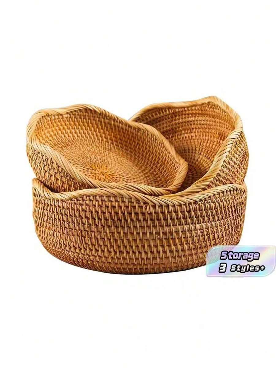 1/3PCS Rattan Woven Fruit Basket, Wavy Edge Bread Basket, Decorative Service Basket For Living Room, Desktop Bathroom Kitchen Counter Storage Rack, Farmhouse Counter Fruit Basket, Kitchen And Bedroom Accessories, Home Decor Gift Basket - Yellow - View 1