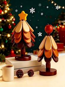 Christmas Tree Wooden Placemat And Coaster Set Heat Resistant Durable Table Ornament For Dining Table Sideboard Home Indoor Tabletop Decor Ideal For Christmas Holiday Festive Seasonal Dinner Party Decorative Tableware Supplies - View 2