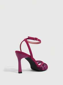 CUCCOO SZL Lace Sequined Pointed Thick Heel Sandals, Metal Buckle, Gentle Elegant High Heels - Burgundy - View 7