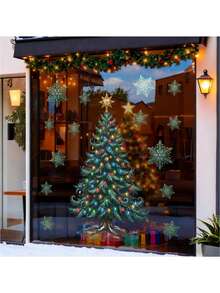 Vintage Christmas Tree Window Static Decals, Xmas Light Ornament Tree & Snowflake Stickers, Reusable Electrostatic Glass Decor For Storefront Restaurant Xmas Party Supplies - multicolor - View 6