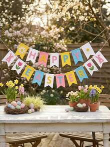 Set 2 Buah Banner Felt Paskah, Dekorasi Pesta Musim Semi Berwarna-warni dengan Kelinci, Tulip, dan Daisy, Tahan Lama dan Dapat Digunakan Kembali, Sempurna untuk Dalam dan Luar Ruangan, Perapian, Meja, Taman, Piknik, dan Perayaan Meriah - MultiWarna - View 5