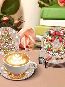 8pcs Diamond Painting Coasters Set, Christmas Crystal Art DIY Full Round Non-Slip Heat-Resistant Coasters For Holiday Party Craft Gift - Christmas - View 4