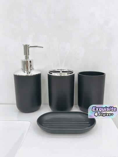4 Buah Perlengkapan Organizer Kamar Mandi Hitam Putih, Set Aksesori Kamar Mandi Mewah dari Plastik dan Bambu dengan Botol Lotion, Tempat Sikat Gigi, Gelas, dan Tempat Sabun, Dekorasi Rumah Serbaguna untuk Musim Gugur dan Kembali ke Sekolah, Set Hadiah Ulang Tahun dan Liburan yang Sempurna untuk Acara Pindah Rumah, Pesta Ulang Tahun, dan Liburan