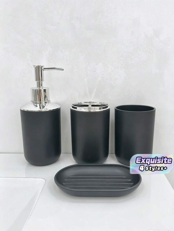 4Pcs Black White Bathroom Organizer Kit, Luxury Plastic Bamboo Bathroom Accessory Set With Lotion Bottle Toothbrush Holder Tumbler And Soap Dish, Multi-Purpose Home Decor For Autumn Back-To-School, Perfect Housewarming Birthday And Holiday Gift Set