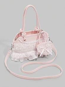 ROMWE Kawaii 1 Buah Tas Tangan Lucu Berenda dan Berkerut, Tas Selempang Gaya Preppy Y2K dengan Dekorasi Pita, Tas Modis untuk Pakaian Kembali ke Sekolah & Liburan - Berwarna merah muda - View 7
