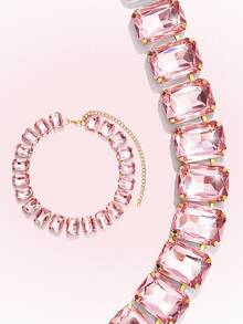 Popjeli 18k Gold-Plated Exaggerated Full Diamond Light Luxury Retro Pink Crystal Necklace Fashionable Personalized Simple Necklace - Pink - View 1