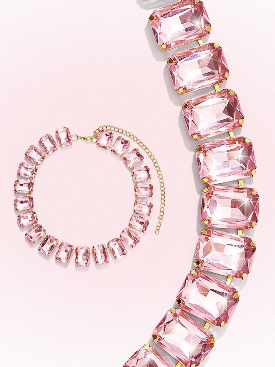 Popjeli 18k Gold-Plated Exaggerated Full Diamond Light Luxury Retro Pink Crystal Necklace Fashionable Personalized Simple Necklace - Pink - View 1