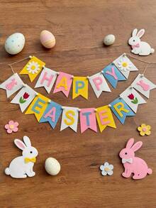 Set 2 Buah Banner Felt Paskah, Dekorasi Pesta Musim Semi Berwarna-warni dengan Kelinci, Tulip, dan Daisy, Tahan Lama dan Dapat Digunakan Kembali, Sempurna untuk Dalam dan Luar Ruangan, Perapian, Meja, Taman, Piknik, dan Perayaan Meriah - MultiWarna - View 3