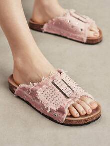 Solecia Ladies Summer Sandals, Open-Toed Flat-Bottomed Rhinestone Square Buckle Decorative Cork Bottom Casual Slippers Daily Beach Dual-Use - Pink - View 3