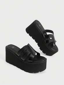 Sugerpunk Sandal Platform Hak Miring Wanita Gaya Punk Gaya Gotik Gaya Jalanan Platform Berongga Slip-On - Hitam - View 4