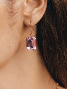Popjeli 18k Gold-Plated Exaggerated Diamond-Set Square Pink Light Luxury High-End Earrings - Pink - View 1