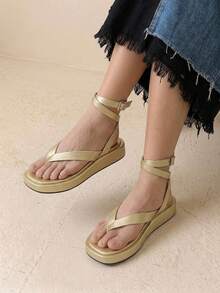 HighSole 春夏新款可調節腳踝綁帶女款厚底涼鞋，舒適購物音樂節度假旅行必備 - 淺金色 - 查看 3