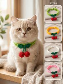 PETSIN قطعة واحدة من طوق رقبة الحيوانات الأليفة المحبوك بتصميم الكرز اللطيف، ناعم وصامت، مصنوع يدويًا، زينة ديكورية للحيوانات الأليفة - متعدد الألوان - مشاهدة 1