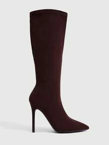 CUCCOO SZL Elegant Women's Pointed Toe Stiletto Heel Knee Boots In Dark Brown Faux Suede Fall Boots - Dark coffee - View 2