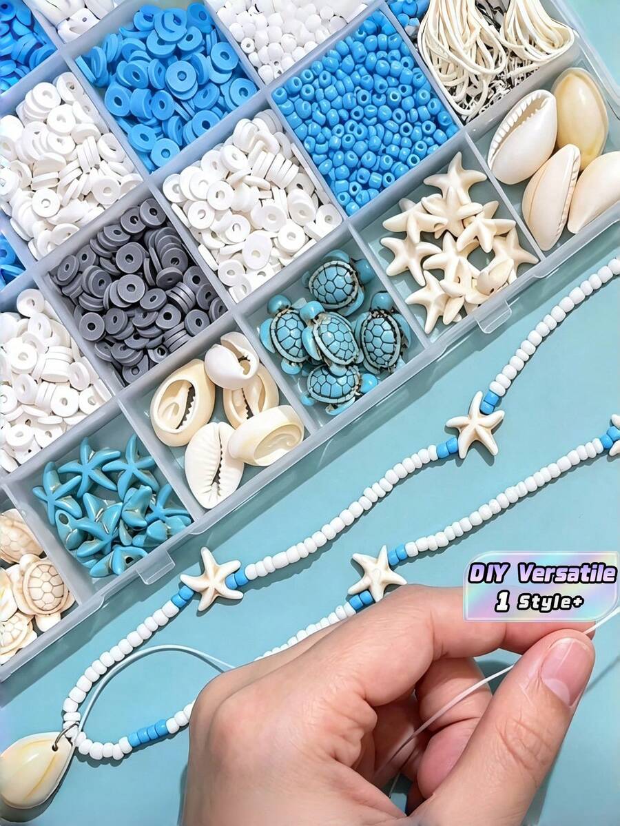 2600pcs Soft Clay Beading Kit, Vacation-Themed Jewelry Making Set With Turquoise Shells Starfish Natural Stones, DIY Summer Friendship Bracelets Supplies For Travel Craft Party - Multicolor - View 1