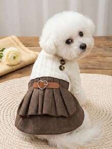PETSIN Vintage Preppy Pet Dress Cable Knit Top Spliced Herringbone Skirt Heart Buckle Belt Clothes For Small Dogs Cats - White - View 2