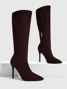 CUCCOO SZL Elegant Women's Pointed Toe Stiletto Heel Knee Boots In Dark Brown Faux Suede Fall Boots - Dark coffee - View 1