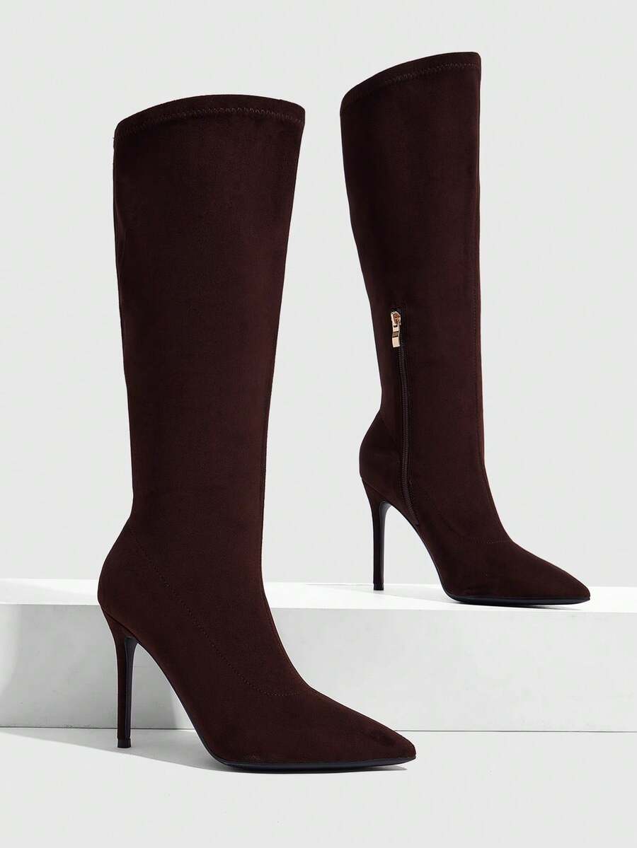 CUCCOO SZL Elegant Women's Pointed Toe Stiletto Heel Knee Boots In Dark Brown Faux Suede Fall Boots - Dark coffee - View 1