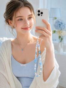 Dây đeo điện thoại pha lê màu xanh Klein, dây đeo điện thoại mặt treo hình sao trái tim cho nữ, dây đeo cổ tay mềm điều chỉnh được, quà tặng phong cách cho mẹ, gia đình, bạn bè dịp sinh nhật, lễ tết, du lịch - Màu xanh nhạt - Xem 7