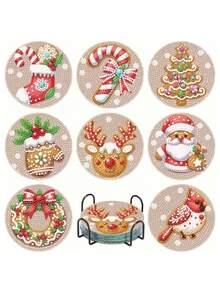 8pcs Diamond Painting Coasters Set, Christmas Crystal Art DIY Full Round Non-Slip Heat-Resistant Coasters For Holiday Party Craft Gift - Christmas - View 1
