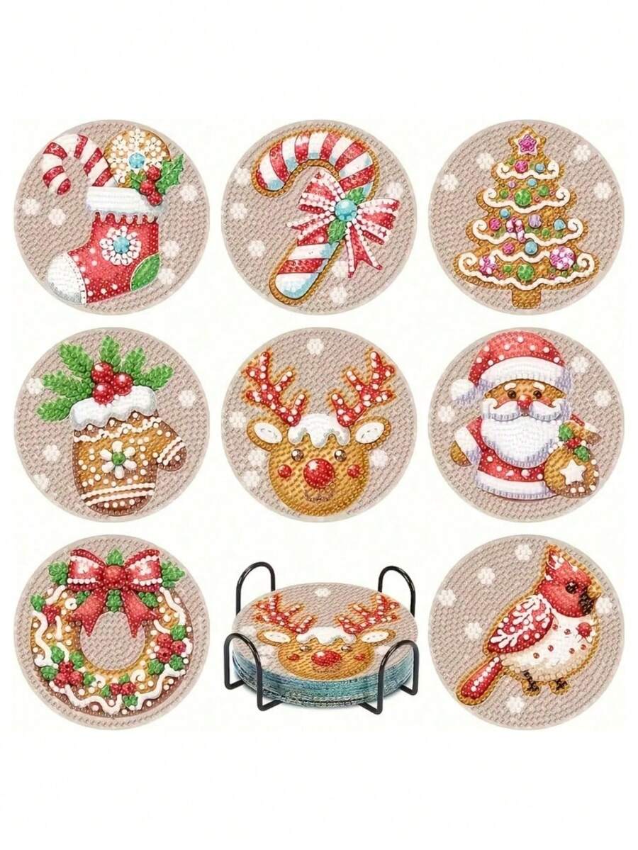 8pcs Diamond Painting Coasters Set, Christmas Crystal Art DIY Full Round Non-Slip Heat-Resistant Coasters For Holiday Party Craft Gift - Christmas - View 1