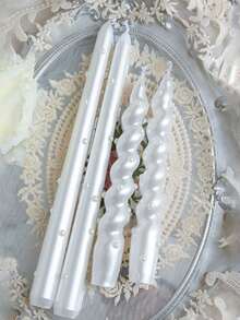 Cirelle Pearl Embellished Taper Candles Set Of 2, French Vintage Pearlized Pole Candles (Twisted Spiral & Smooth Straight), Aesthetic Pearl Dinner Candle Set For Wedding Table & Home Decor - multicolor - View 6
