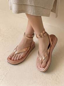 HighSole 春夏新款雙帶後扣設計厚底簡約百搭女款涼鞋 日常通勤購物穿搭 - 香檳色 - 查看 3