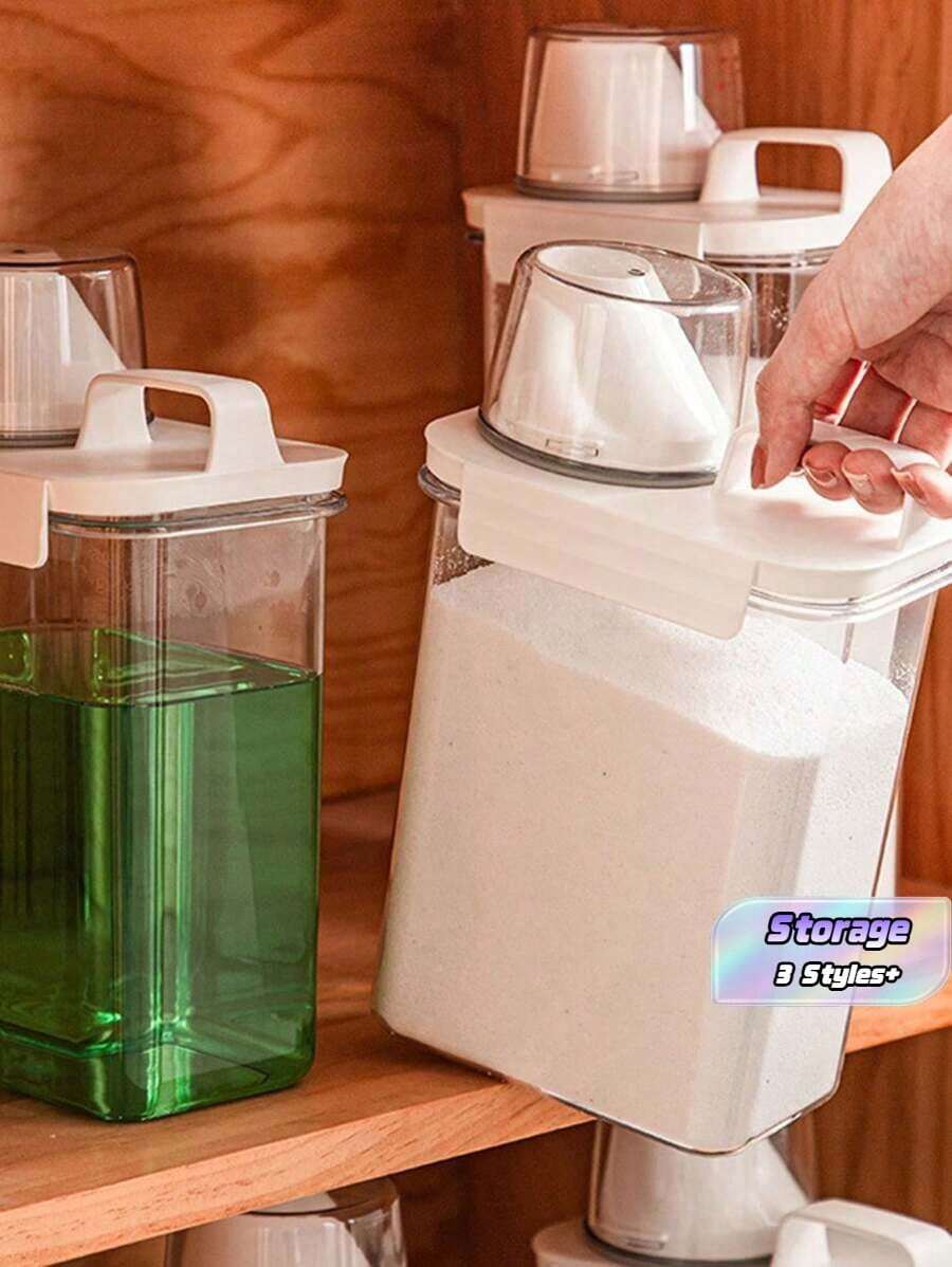 1pc Sealed Laundry Powder Storage Container, Household Dispenser Bottle, Clothes Liquid Storage Bucket, White, Dorm Room, Washing Liquid - White - View 1