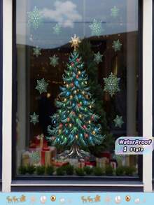 Vintage Christmas Tree Window Static Decals, Xmas Light Ornament Tree & Snowflake Stickers, Reusable Electrostatic Glass Decor For Storefront Restaurant Xmas Party Supplies - multicolor - View 1