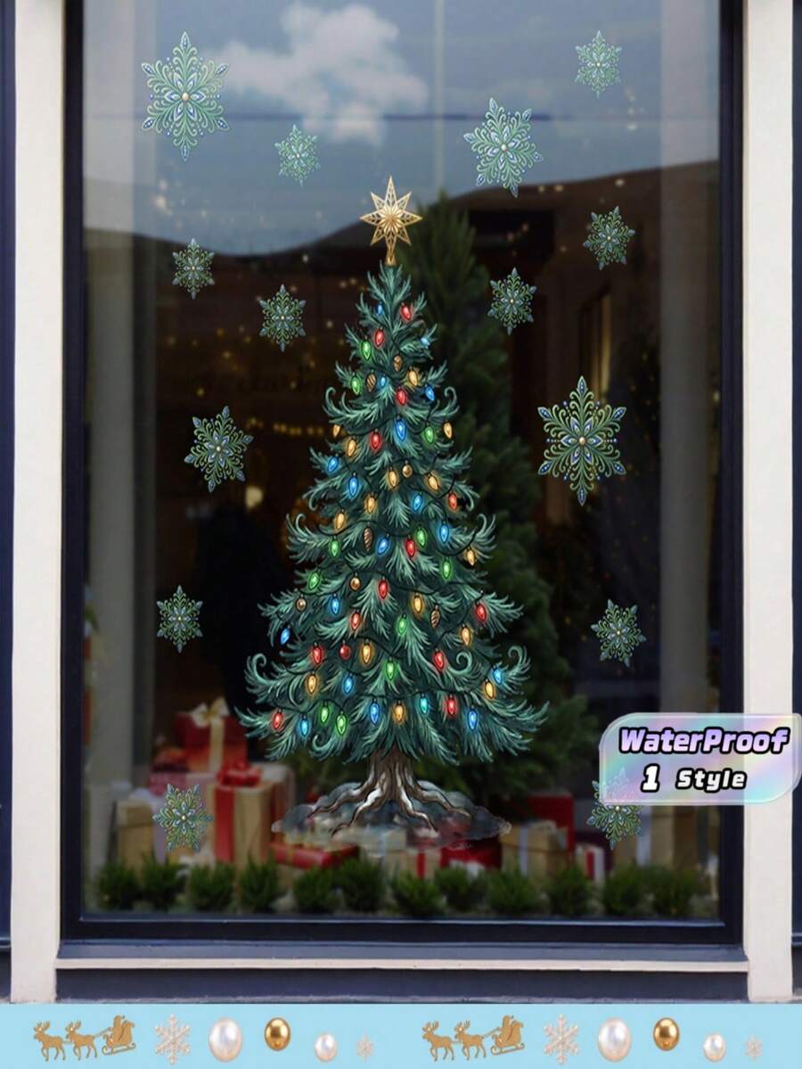 Vintage Christmas Tree Window Static Decals, Xmas Light Ornament Tree & Snowflake Stickers, Reusable Electrostatic Glass Decor For Storefront Restaurant Xmas Party Supplies - multicolor - View 1