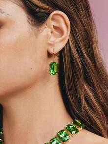 Popjeli 18k Gold-Plated Exaggerated Diamond-Set Square Green Light Luxury High-End Earrings - Green - View 3