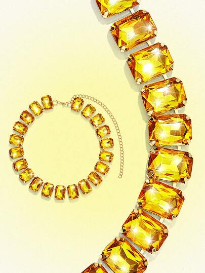 Popjeli Collar de cadena de cuello de cristal amarillo retro de lujo ligero con diamantes completos exagerados chapado en oro de 18k, elegante, personalizado y sencillo